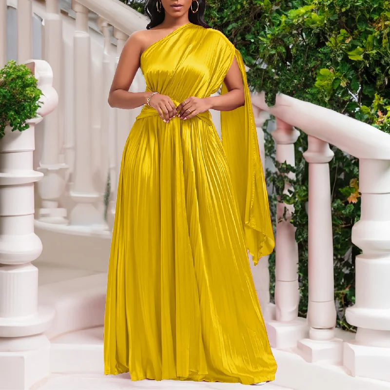 Temperament One-Shoulder Slant Neck Waist-Pressing Pleated Long Dress Wholesale Dresses Refined Women's Classic Temperament One-Shoulder Slant Neck Waist-Pressing Pleated Long Dress Wholesale Dresses Refined Women's Classic