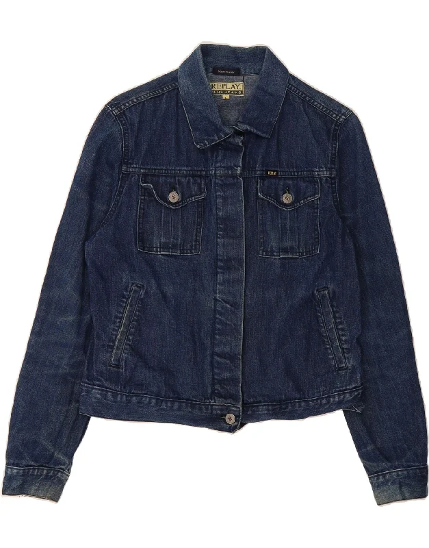 REPLAY Womens Denim Jacket UK 14 Large Navy Blue Cotton Disco