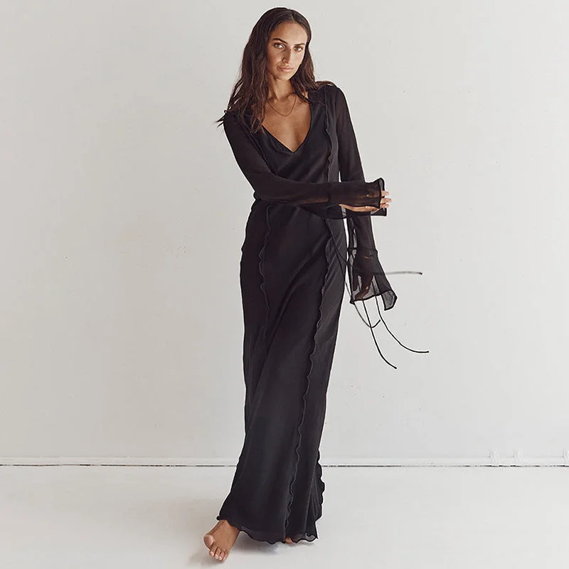 Sexy Low-Cut Flared Sleeve Lace Long Mesh Dress Wholesale Dresses Sophisticated Women's Sexy Low-Cut Flared Sleeve Lace Long Mesh Dress Wholesale Dresses Sophisticated Women's
