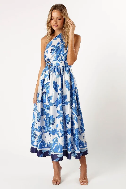 Naomi One Shoulder Midi Dress - Blue Floral Vacation
