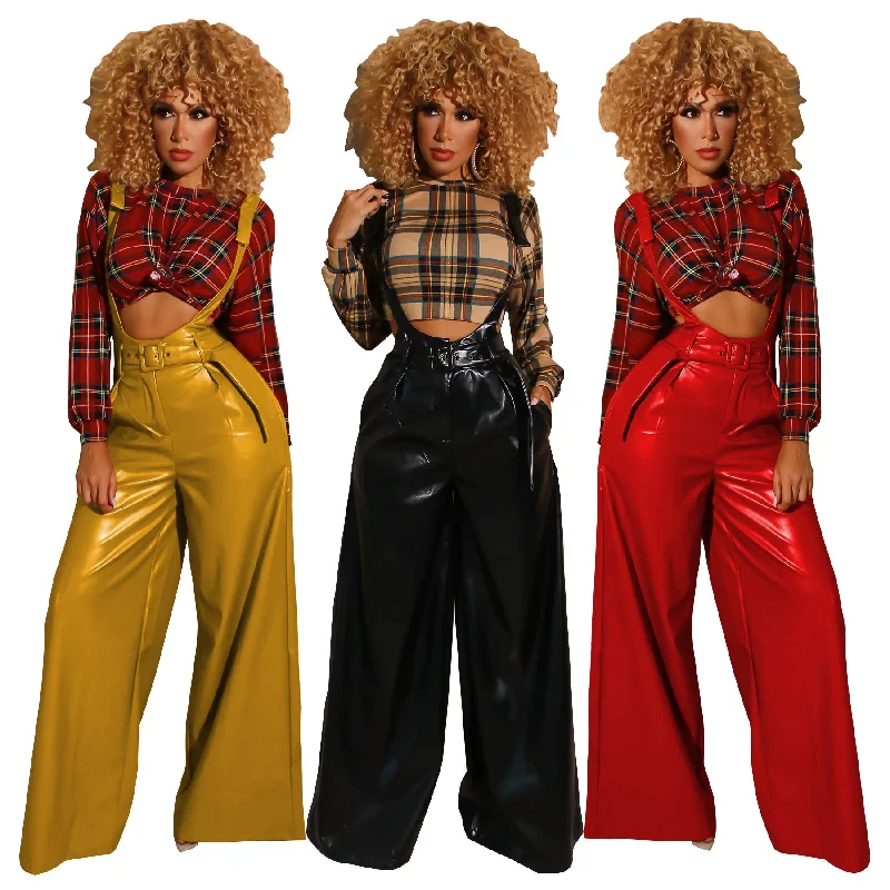 BS107043 Fashion Casual elastic PU leather High Waist Wide Leg dungarees Fall Women trousers with suspenders Earthy Women's Hemp - based BS107043 Fashion Casual elastic PU leather High Waist Wide Leg dungarees Fall Women trousers with suspenders Earthy Women's Hemp - based