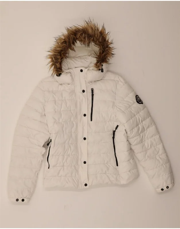 SUPERDRY Womens Hooded Padded Jacket UK 14 Medium  White Polyester Hip Women's Urban