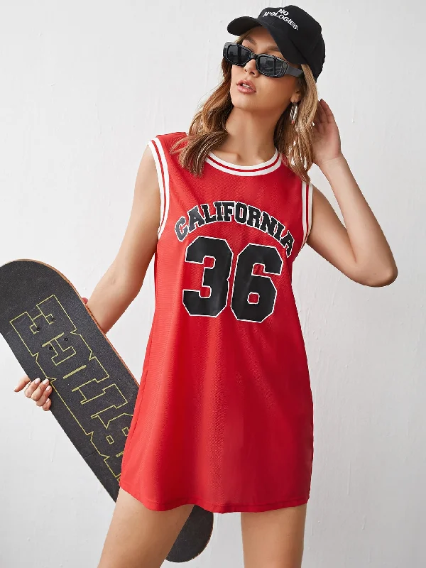 Letter Sleeveless Round Neck Straight Natural Mini Dress Trendy Women's 