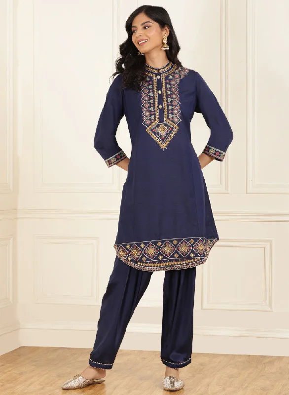 Navy Blue Embroidered Party Wear Kurta Set with Mirror Work Elegant Women's Formal 
