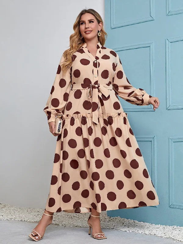 Modest Polka Dot Button Front Long Sleeve Collar Flounce High Waist Long Plus Size Dress European
