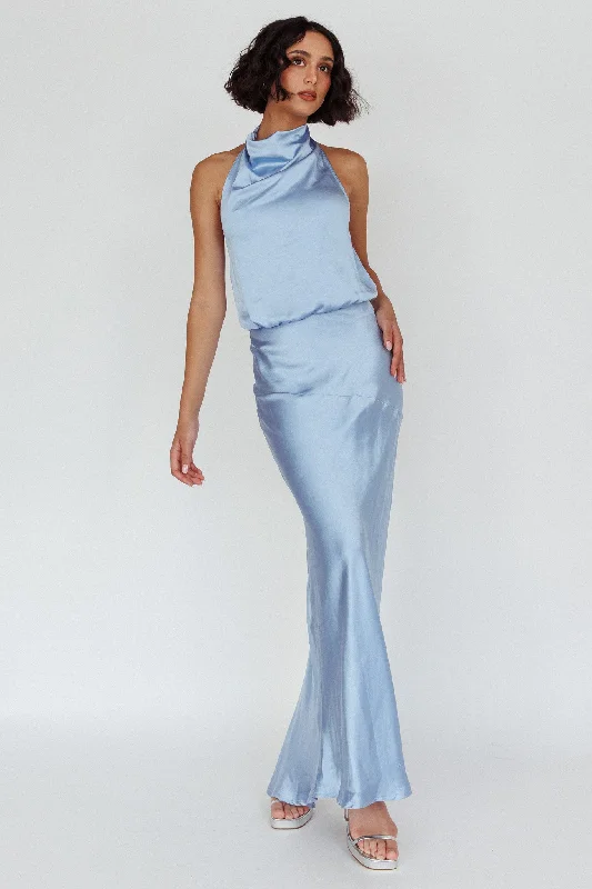 Amalfi Sunset Cowl Halterneck Maxi Dress Sky Unique Women's Upcycled
