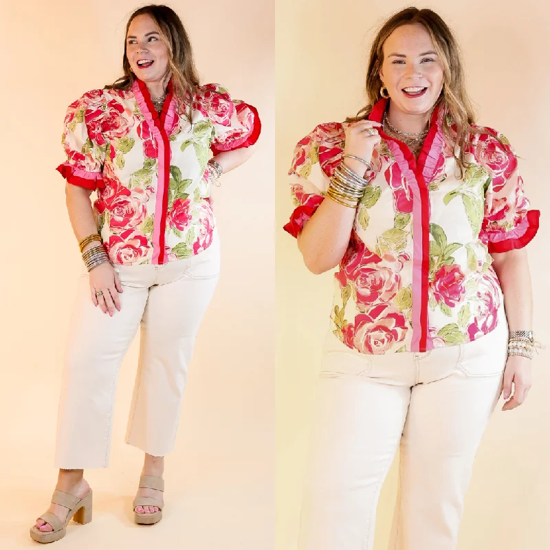 Endless Elegance Ruffled V Neck Floral Print Top in Off White and Pink Refined Women's Classic 