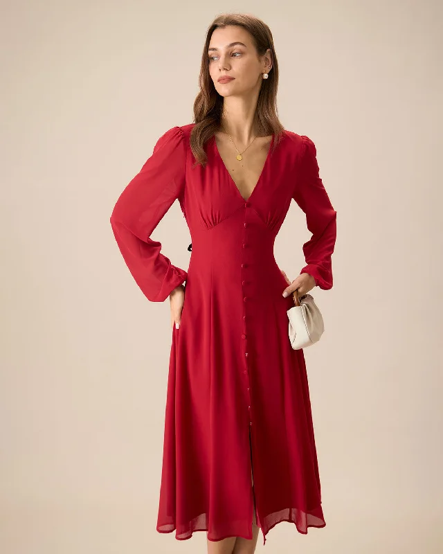 Women's Red V-Neck Puff Sleeve Slit Midi Dress Vintage Women's 1970S 