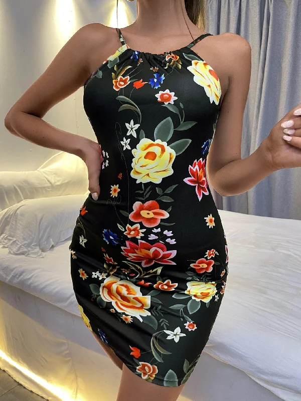 Floral Sleeveless Halter Pencil Natural Mini Dress Disco