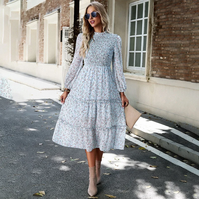 Casual Long Sleeve Half High Neck Floral Printed Wooden Ear Trim Dresses Wholesale Dresses Practical Women's Quick - dry Casual Long Sleeve Half High Neck Floral Printed Wooden Ear Trim Dresses Wholesale Dresses Practical Women's Quick - dry