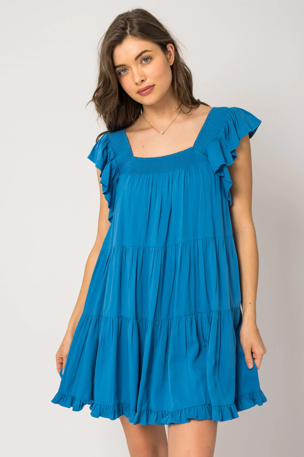 Ruffle Sleeves Square Neckline Tiered Mini Dress Preppy Women's College