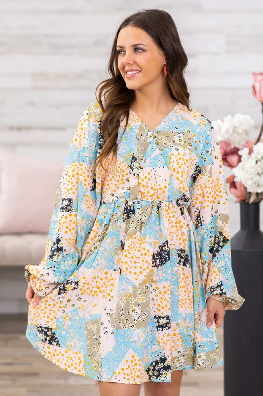 Baby Blue Multicolor Floral Patchwork French