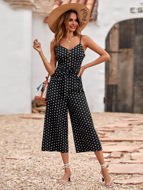 Casual Polka Dot Button Front Sleeveless Spaghetti Strap High Waist Capris Women Jumpsuit Geometric Casual Polka Dot Button Front Sleeveless Spaghetti Strap High Waist Capris Women Jumpsuit Geometric