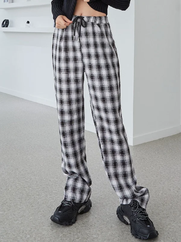 Preppy Tartan Pocket High Waist Long Women Pants Minimalist Women's Casual