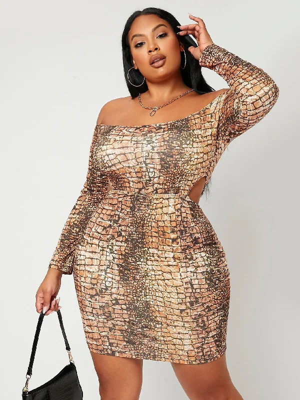 Sexy Crocodile Long Sleeve Off The Shoulder Pencil High Waist Short Plus Size Dress Bold Women's Animal Print Sexy Crocodile Long Sleeve Off The Shoulder Pencil High Waist Short Plus Size Dress Bold Women's Animal Print