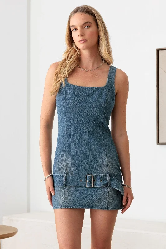 Low Slung Buckle Belt Mini Denim Dress Earthy Women's 