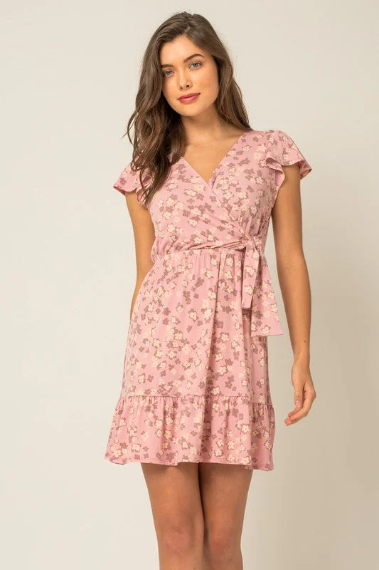Short Ruffle Sleeve Wrap Shirring Floral Mini Dress Modern Women's Tech