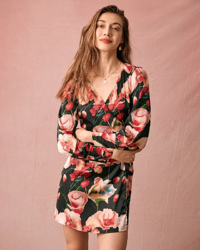 The V Neck Long Sleeve Floral Wrap Mini Dress Relaxed Women's Beachy