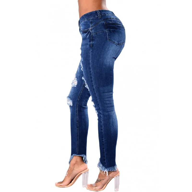 Slimming And Hip Lifting Hole Breaking Low Waisted Fringe Jeans Wholesale Womens Clothing Geometric