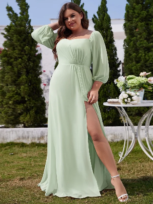 Clio | Plus Size High-Slit Waist Pleated Bridesmaid Dress with Long Sleeves Unique Women's Upcycled Clio | Plus Size High-Slit Waist Pleated Bridesmaid Dress with Long Sleeves Unique Women's Upcycled
