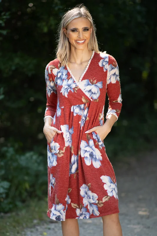Cranberry and Blue Floral Surplice Front Dress Tough Women's Military - inspired