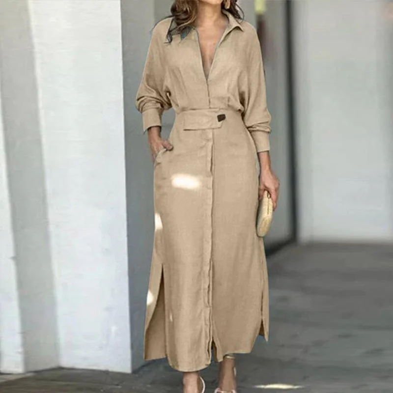 Fashion Solid Colour Long Sleeve Pocket Shirt Dress Wholesale Dresses Gym