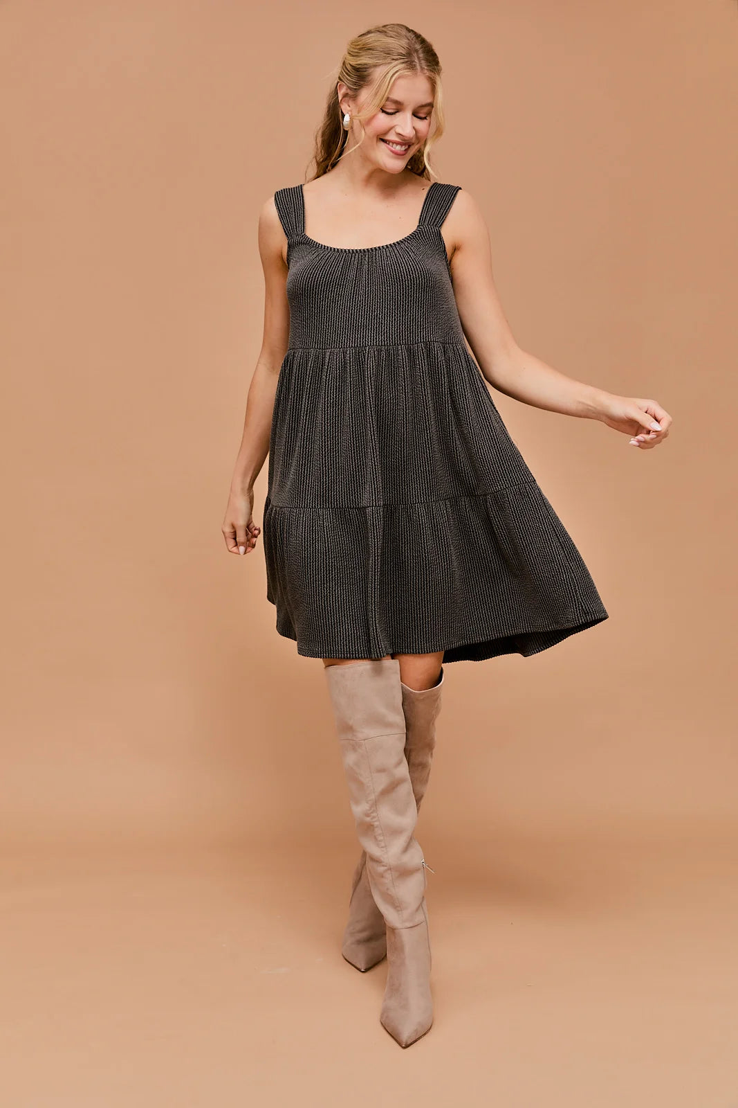 Sleeveless Tiered Side Pocket Rib Mini Dress Elegant Women's Formal 