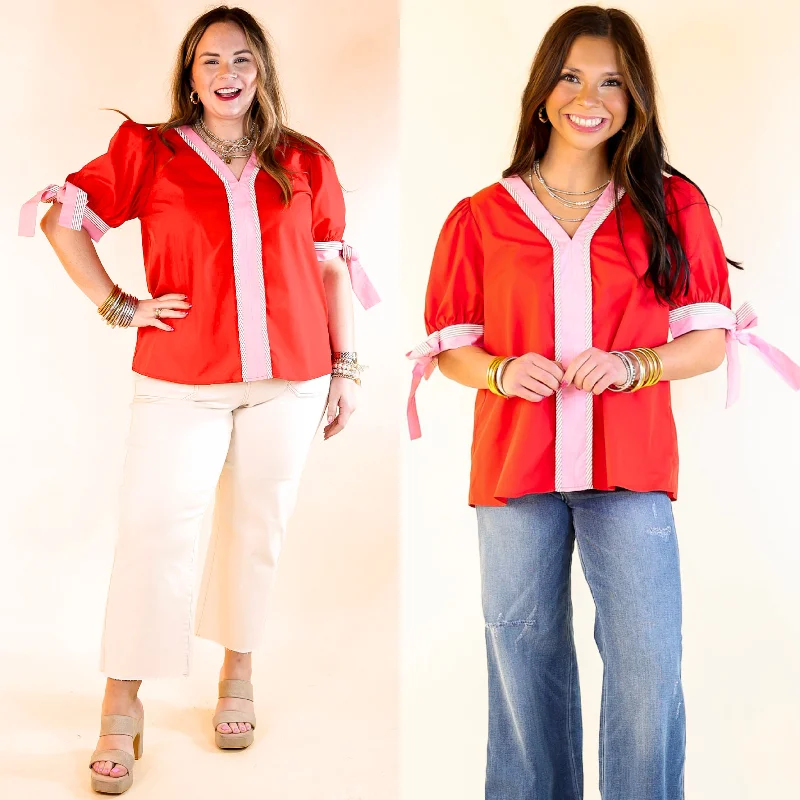 Perfectly Poised V Neck Top with Short Balloon Sleeves with Bows in Red Earthy Women's Hemp - based