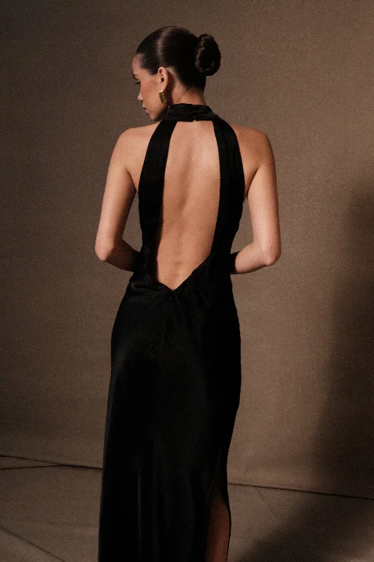Claire Satin Drape Back Maxi Dress with Split - Black Youthful Women's Anime - inspired