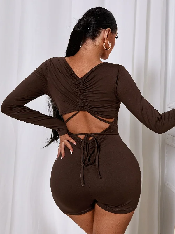 Sexy Plain Tie Back Long Sleeve Scoop Neck High Waist Short Women Jumpsuit Feminine Women's Style Sexy Plain Tie Back Long Sleeve Scoop Neck High Waist Short Women Jumpsuit Feminine Women's Style
