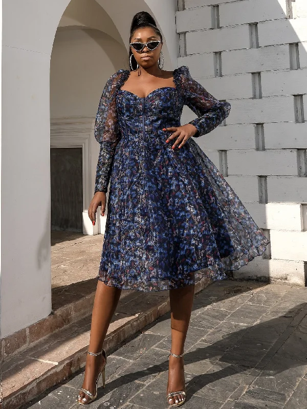 Glamorous All Over Print Zipper Long Sleeve Sweetheart Flared High Waist Midi Plus Size Dress Disco Glamorous All Over Print Zipper Long Sleeve Sweetheart Flared High Waist Midi Plus Size Dress Disco
