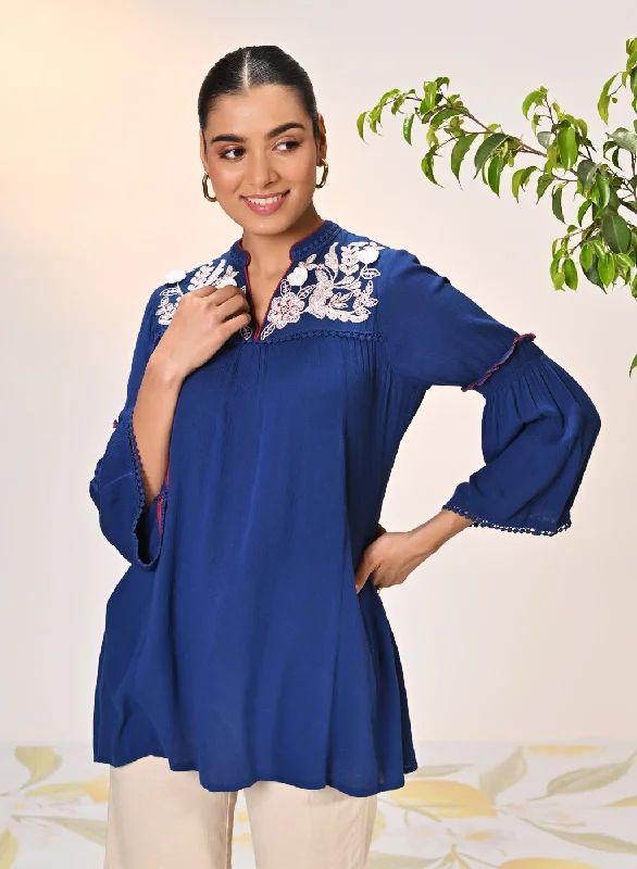 Rifa Electric Blue Embroidered Crinkled Crepe Top for Women Casual Women's Japanese 