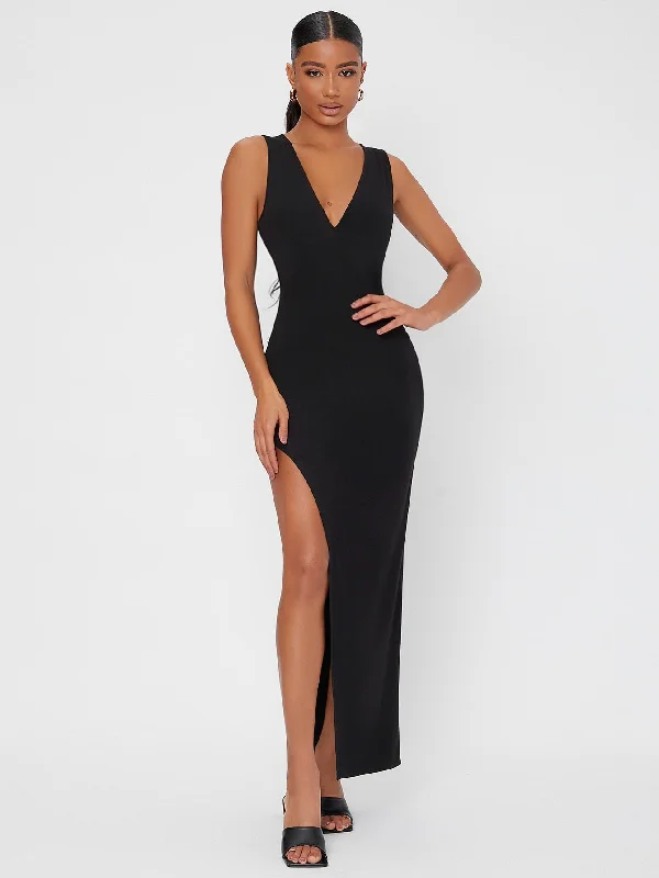 Sexy Plain Split Thigh Sleeveless Deep V Neck Slit Natural Maxi Dress Modern Women's Sexy Plain Split Thigh Sleeveless Deep V Neck Slit Natural Maxi Dress Modern Women's