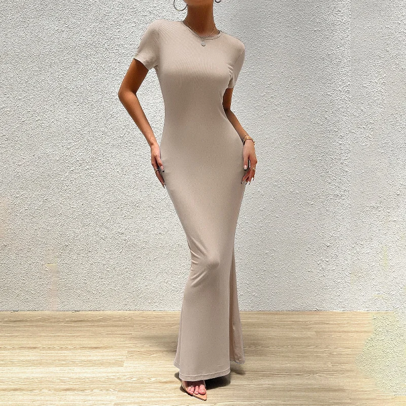 Elegant Solid Colour Round Neck Short Sleeve Slimming Dress Wholesale Dresses European Elegant Solid Colour Round Neck Short Sleeve Slimming Dress Wholesale Dresses European