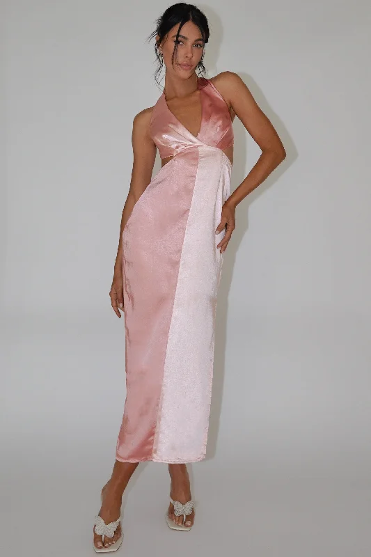 Harlequin Halterneck Satin Maxi Dress Blush Stylish Women's Tropical 