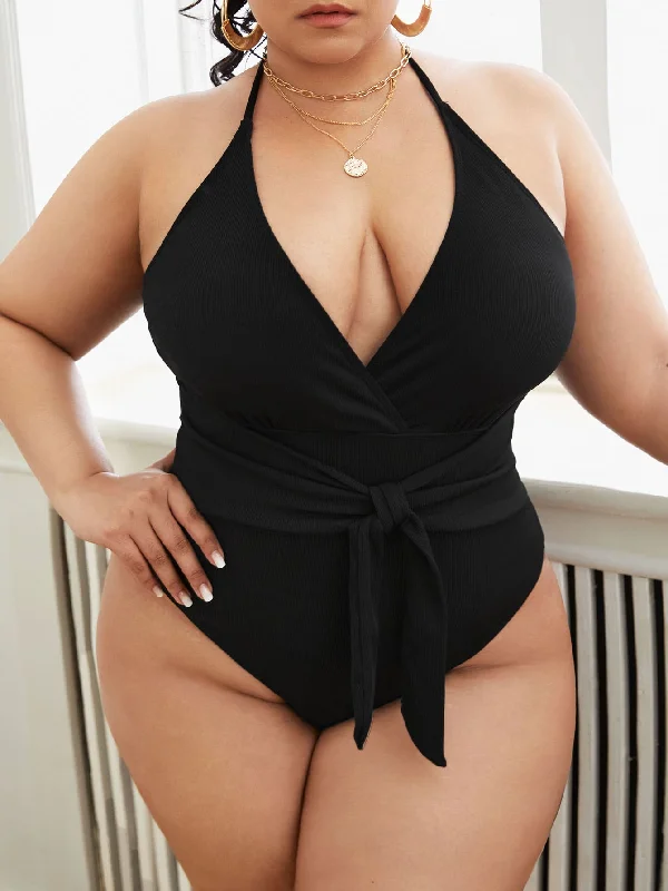 Elegant Plain Tie Front Halter Plus Size One-Pieces Cashmere