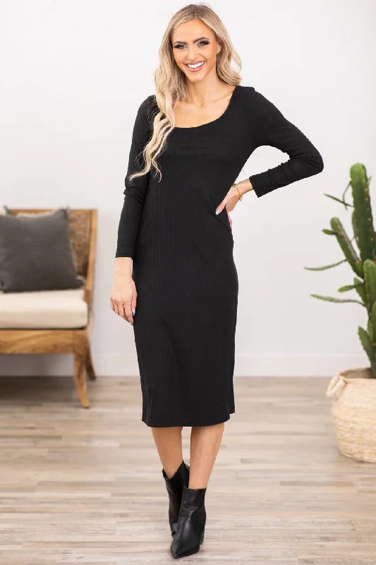 Black Asymmetrical Neckline Midi Dress Traditional Women's 