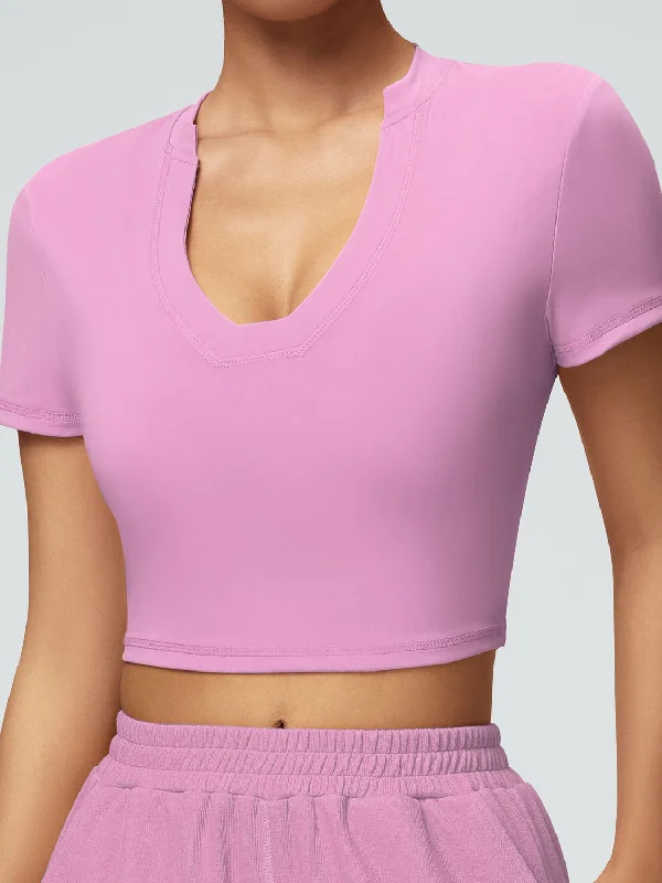 ZASUWA Female Solid Color V-neck Quick Dry Elastic Tight Short Sleeves Stylish Women's Neon ZASUWA Female Solid Color V-neck Quick Dry Elastic Tight Short Sleeves Stylish Women's Neon