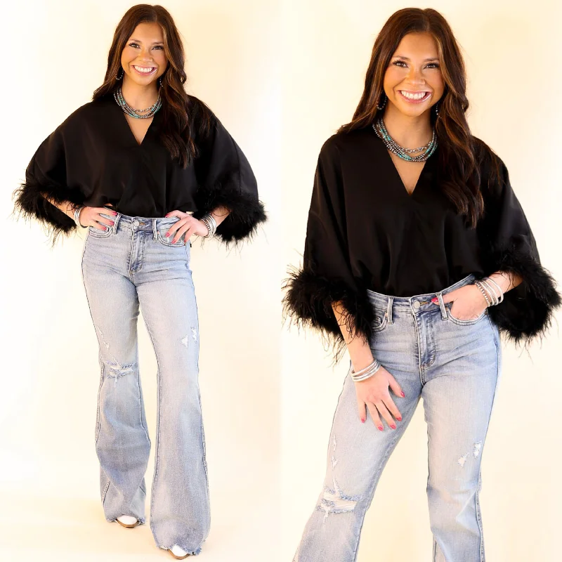 Party Plans V Neck Bodysuit with Feather Sleeves in Black Contemporary 