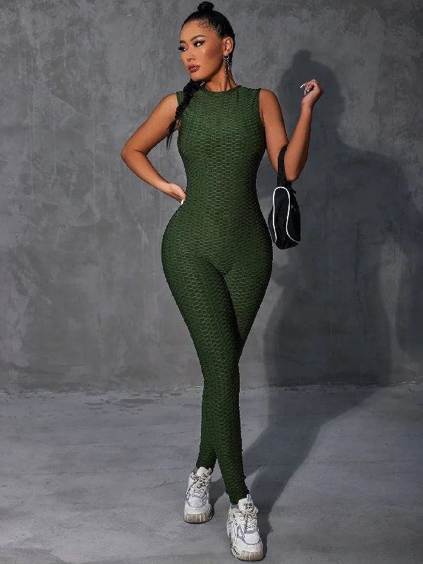 Casual Plain Sleeveless Round Neck High Waist Long Women Jumpsuit Sleek Women's 