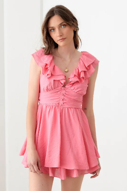 Doll Pink Ruffle Detail Front Button Romper Mini Dress Scandinavian