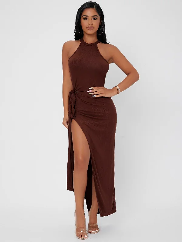 Sexy Plain Split Thigh Sleeveless Halter Slit High Waist Maxi Womens Dress Cozy Women's Winter
