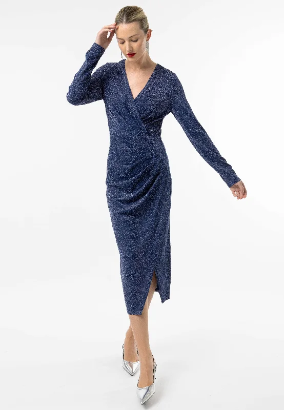 Metallic Long Sleeve Faux Wrap Midi Dress in Navy Silver Gym