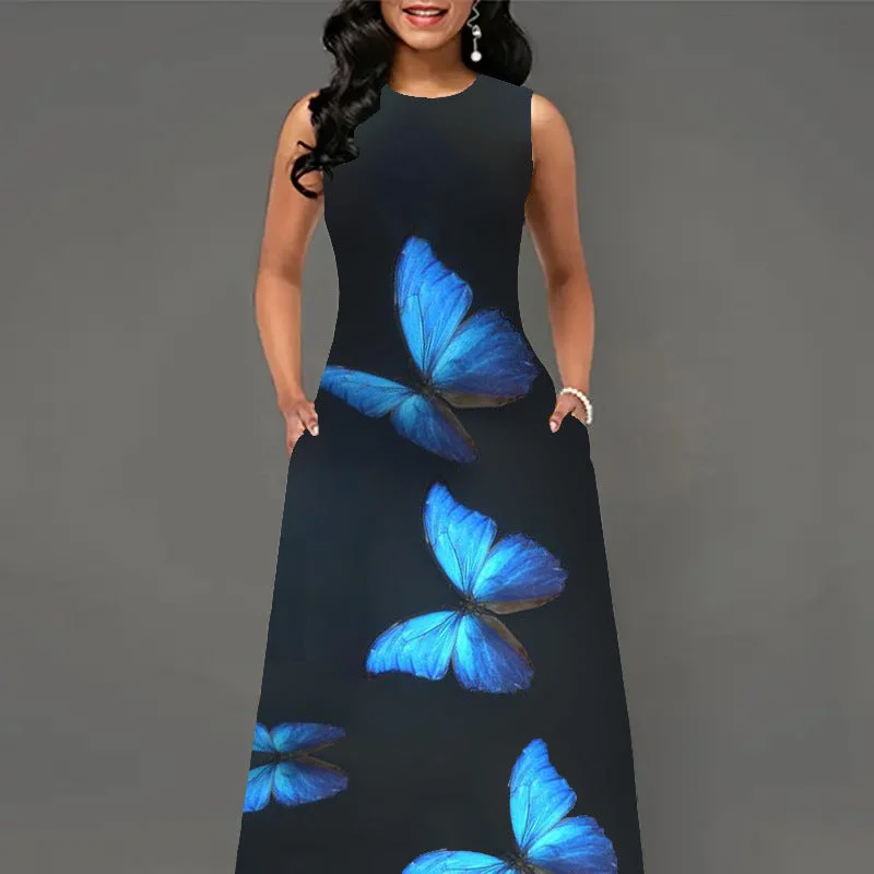 Fashion Butterfly Print Round Neck Sleeveless A-Line Dress Wholesale Dresses Bohemian Women's Free Fashion Butterfly Print Round Neck Sleeveless A-Line Dress Wholesale Dresses Bohemian Women's Free