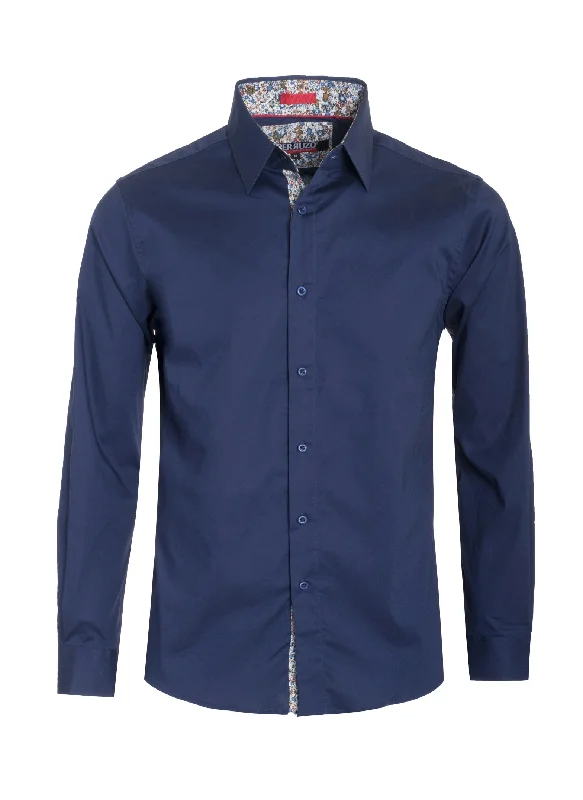 Navy Solid Cotton-Stretch L/S Shirt (4030) Geometric