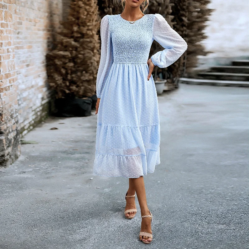 Elegant Solid Color Bubble Sleeve Jacquard Long Dress Wholesale Dresses Country