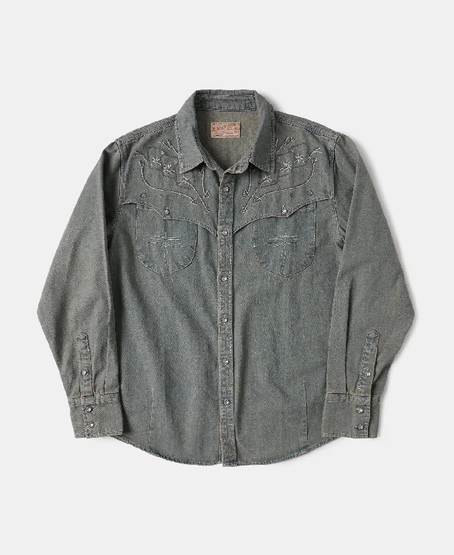 Faded Wash Western Embroidered Denim Shirt Women