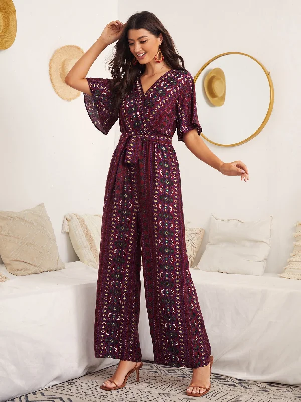Boho Tribal Wrap Short Sleeve V Neck High Waist Long Women Jumpsuit Vintage Women's 1970S Boho Tribal Wrap Short Sleeve V Neck High Waist Long Women Jumpsuit Vintage Women's 1970S