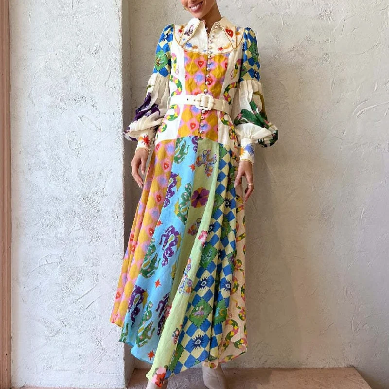Fashion Personalized Graffiti Lantern Sleeve Long Irregular Dresses Wholesale Dresses Earthy Women's Hemp - based Fashion Personalized Graffiti Lantern Sleeve Long Irregular Dresses Wholesale Dresses Earthy Women's Hemp - based