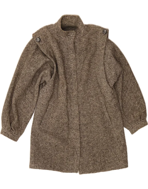VINTAGE Womens Overcoat UK 18 XL Grey Herringbone Classic Women's Pin - striped